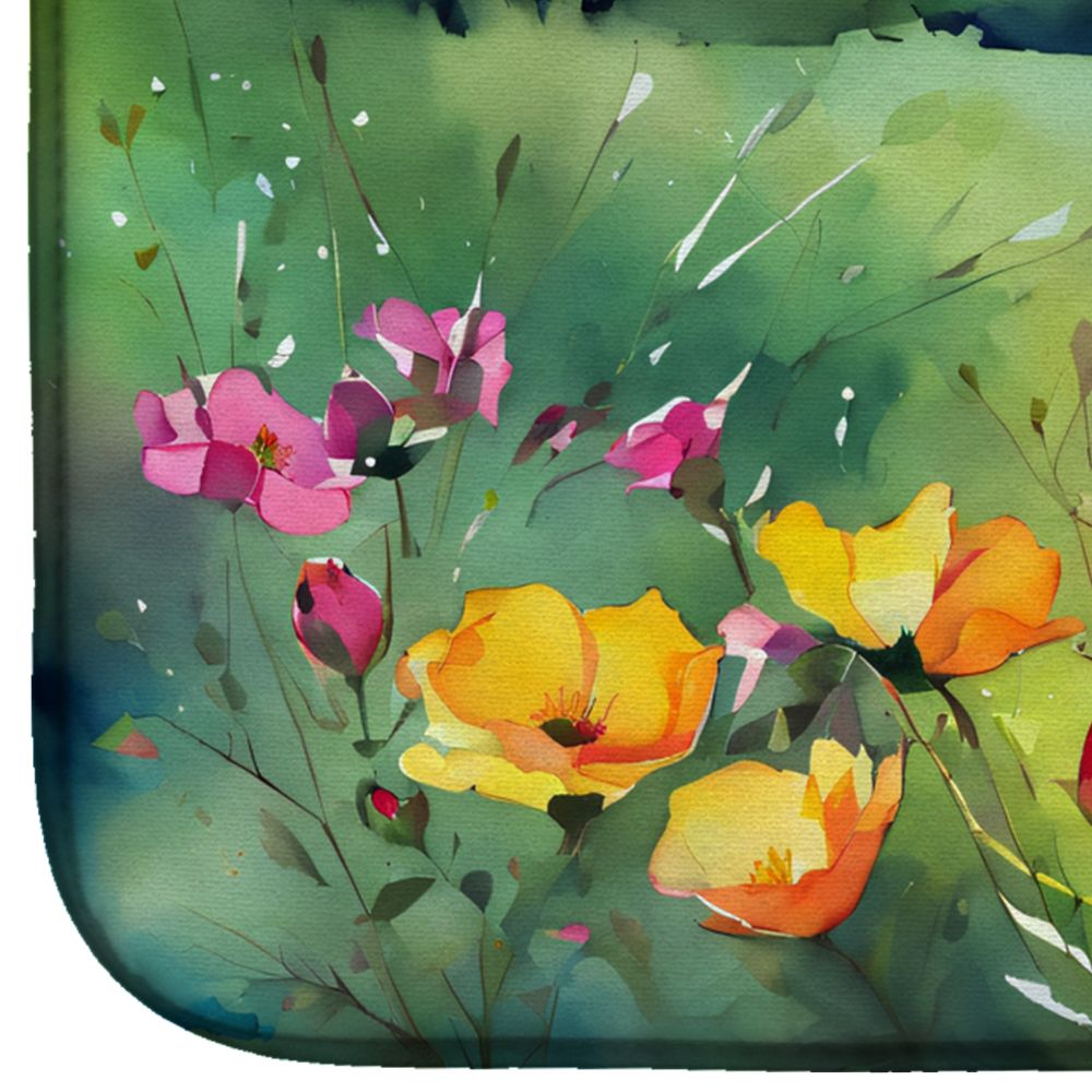 North Dakota Wild Prairie Roses in Watercolor Dish Drying Mat Absorbent Dish Drying Mat Pad for Kitchen Counter Dish Drainer Mat for Countertop, 14 x 21", Multicolor