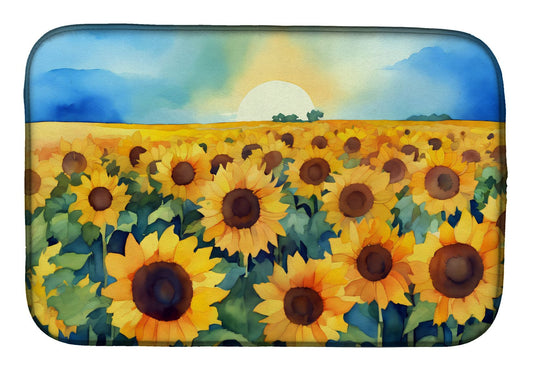 Kansas Sunflowers in Watercolor Dish Drying Mat Absorbent Dish Drying Mat Pad for Kitchen Counter Dish Drainer Mat for Countertop, 14 x 21", Multicolor