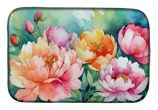 Indiana Peonies in Watercolor Dish Drying Mat Absorbent Dish Drying Mat Pad for Kitchen Counter Dish Drainer Mat for Countertop, 14 x 21", Multicolor