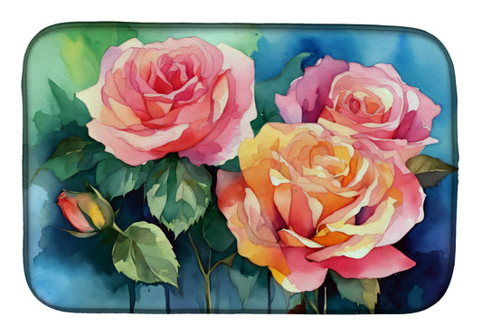 New York Roses in Watercolor Dish Drying Mat Absorbent Dish Drying Mat Pad for Kitchen Counter Dish Drainer Mat for Countertop, 14 x 21", Multicolor