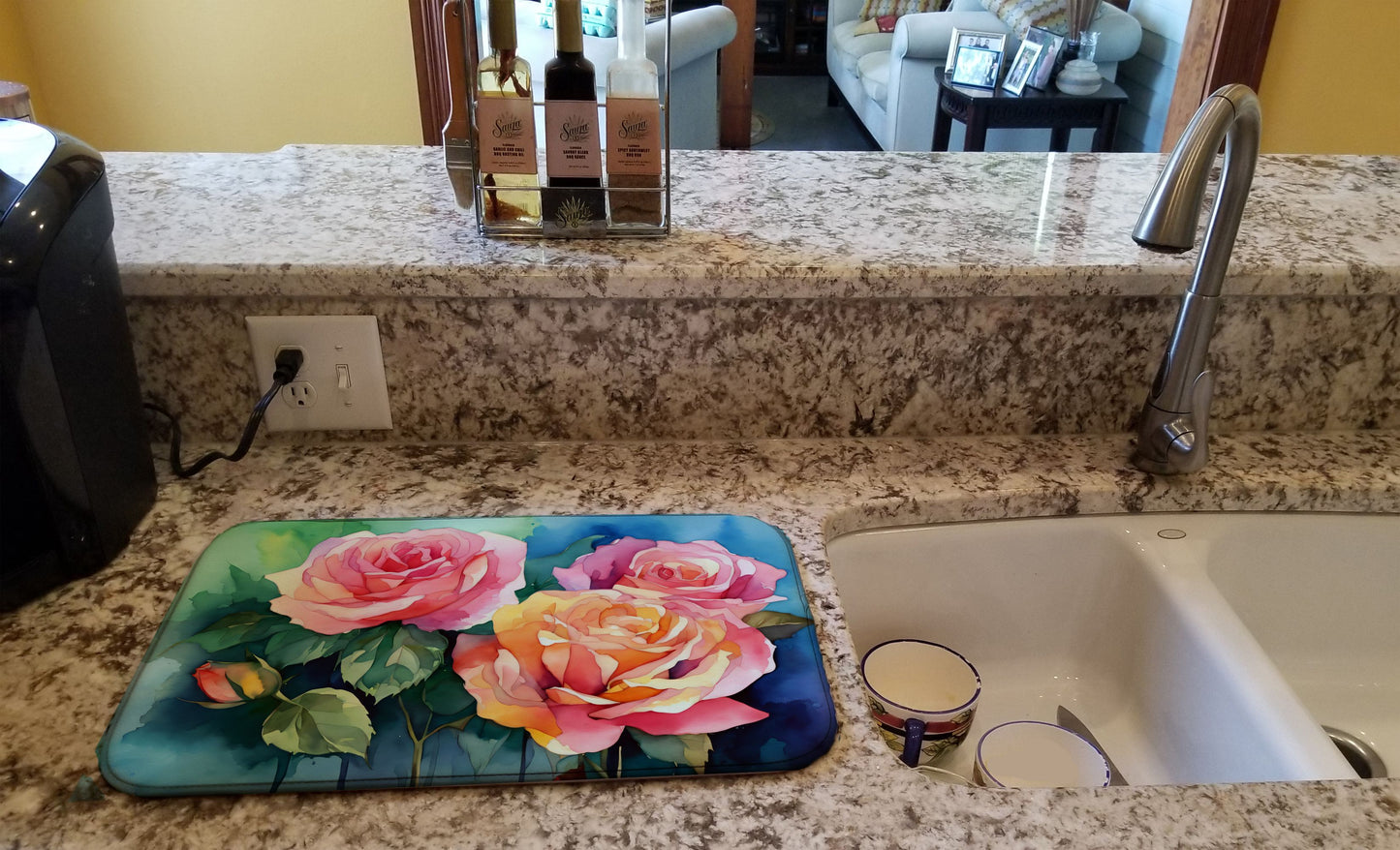 New York Roses in Watercolor Dish Drying Mat Absorbent Dish Drying Mat Pad for Kitchen Counter Dish Drainer Mat for Countertop, 14 x 21", Multicolor
