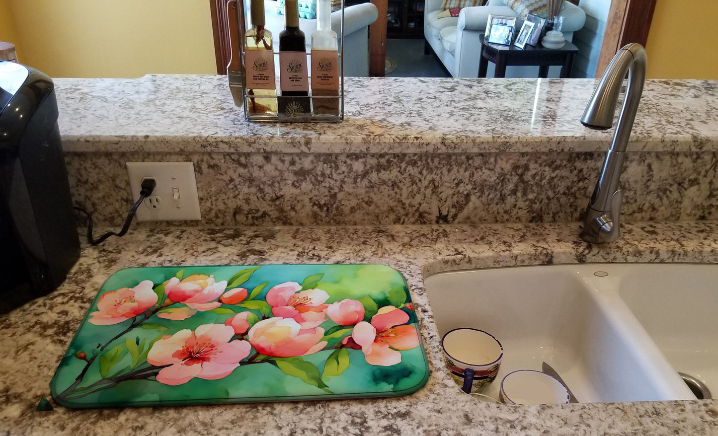 Delaware Peach Blossom in Watercolor Dish Drying Mat Absorbent Dish Drying Mat Pad for Kitchen Counter Dish Drainer Mat for Countertop, 14 x 21", Multicolor