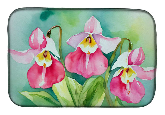 Minnesota Pink and White Lady s Slippers in Watercolor Dish Drying Mat Absorbent Dish Drying Mat Pad for Kitchen Counter Dish Drainer Mat for Countertop, 14 x 21", Multicolor