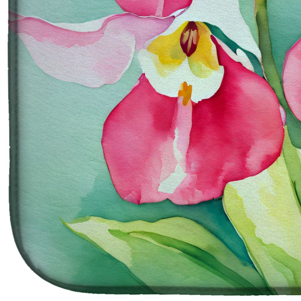 Minnesota Pink and White Lady s Slippers in Watercolor Dish Drying Mat Absorbent Dish Drying Mat Pad for Kitchen Counter Dish Drainer Mat for Countertop, 14 x 21", Multicolor