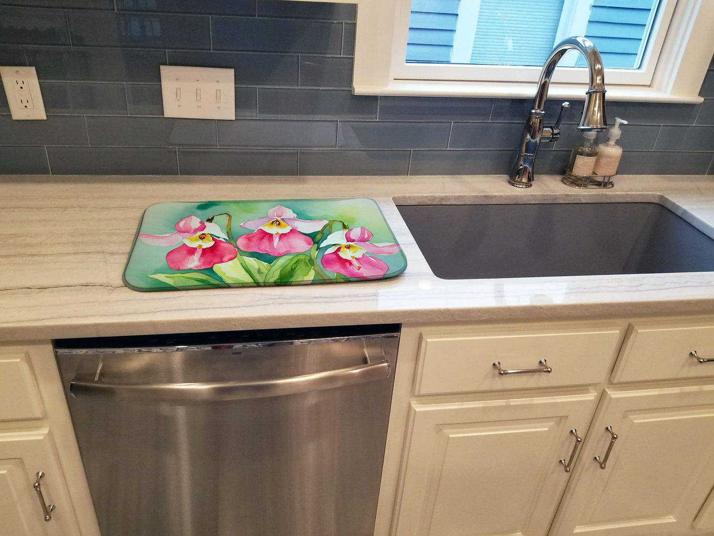 Minnesota Pink and White Lady s Slippers in Watercolor Dish Drying Mat Absorbent Dish Drying Mat Pad for Kitchen Counter Dish Drainer Mat for Countertop, 14 x 21", Multicolor