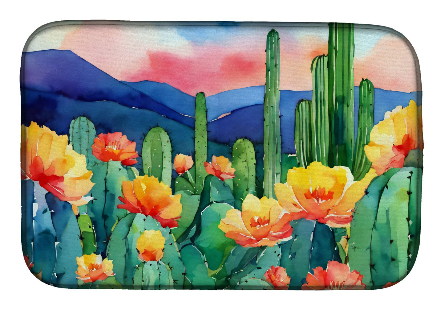 Arizona Saguaro Cactus Blossom in Watercolor Dish Drying Mat Absorbent Dish Drying Mat Pad for Kitchen Counter Dish Drainer Mat for Countertop, 14 x 21", Multicolor