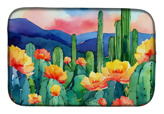 Arizona Saguaro Cactus Blossom in Watercolor Dish Drying Mat Absorbent Dish Drying Mat Pad for Kitchen Counter Dish Drainer Mat for Countertop, 14 x 21", Multicolor