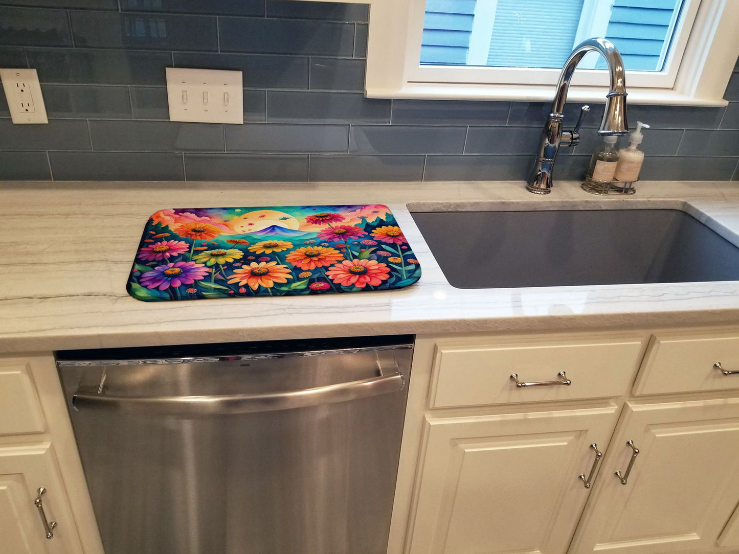 Zinnias in Color Dish Drying Mat Absorbent Dish Drying Mat Pad for Kitchen Counter Dish Drainer Mat for Countertop, 14 x 21", Multicolor