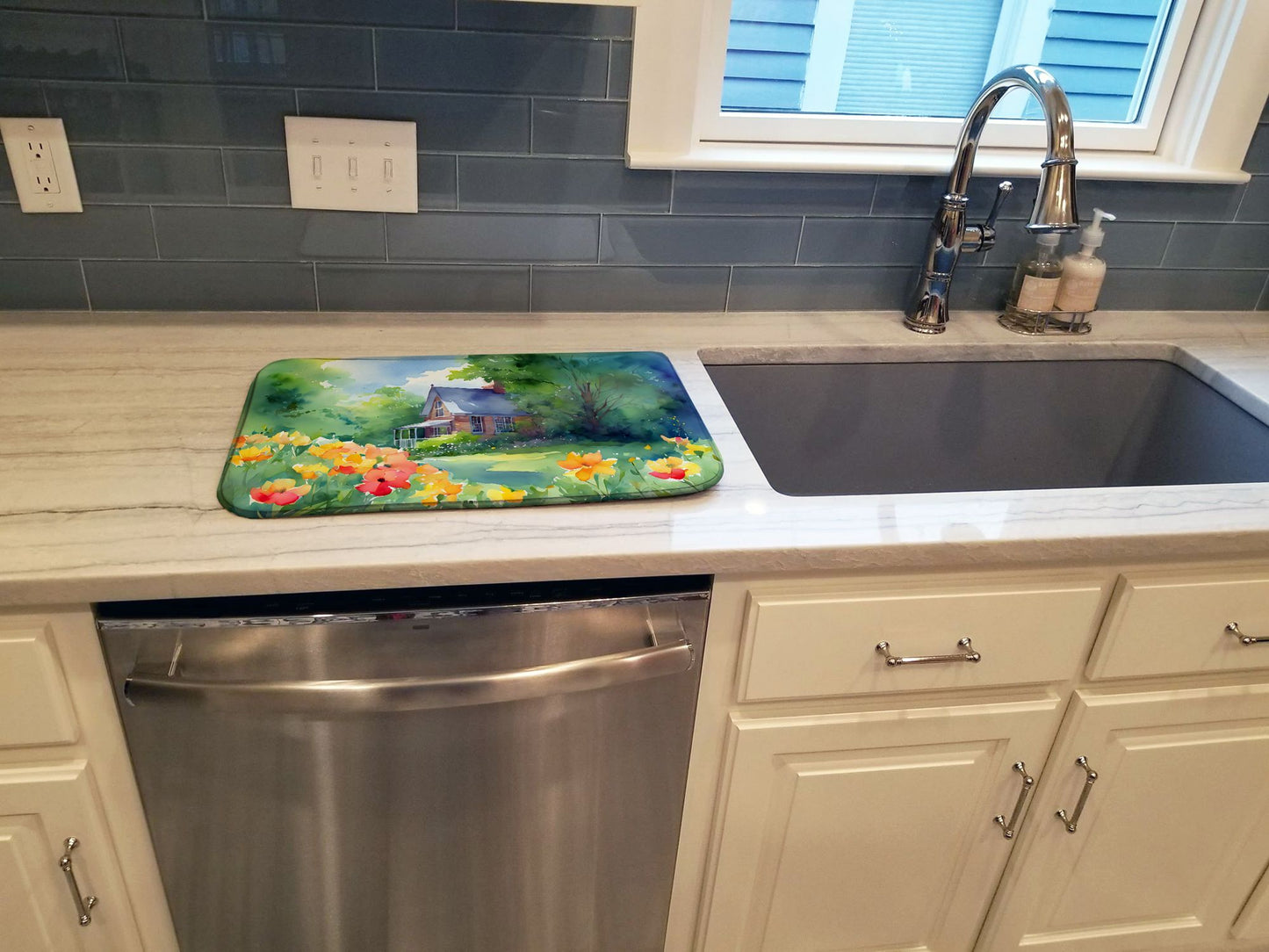 Massachusetts Mayflowers in Watercolor Dish Drying Mat Absorbent Dish Drying Mat Pad for Kitchen Counter Dish Drainer Mat for Countertop, 14 x 21", Multicolor