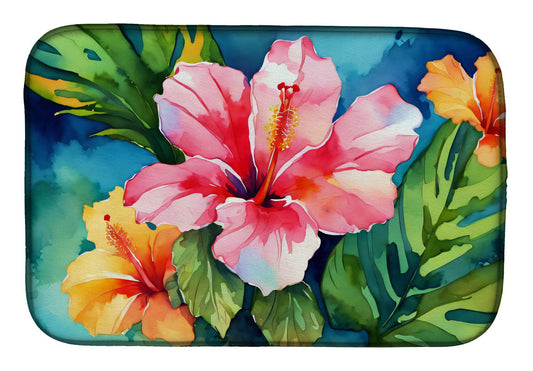 Hawaii Hawaiian Hibiscus in Watercolor Dish Drying Mat Absorbent Dish Drying Mat Pad for Kitchen Counter Dish Drainer Mat for Countertop, 14 x 21", Multicolor