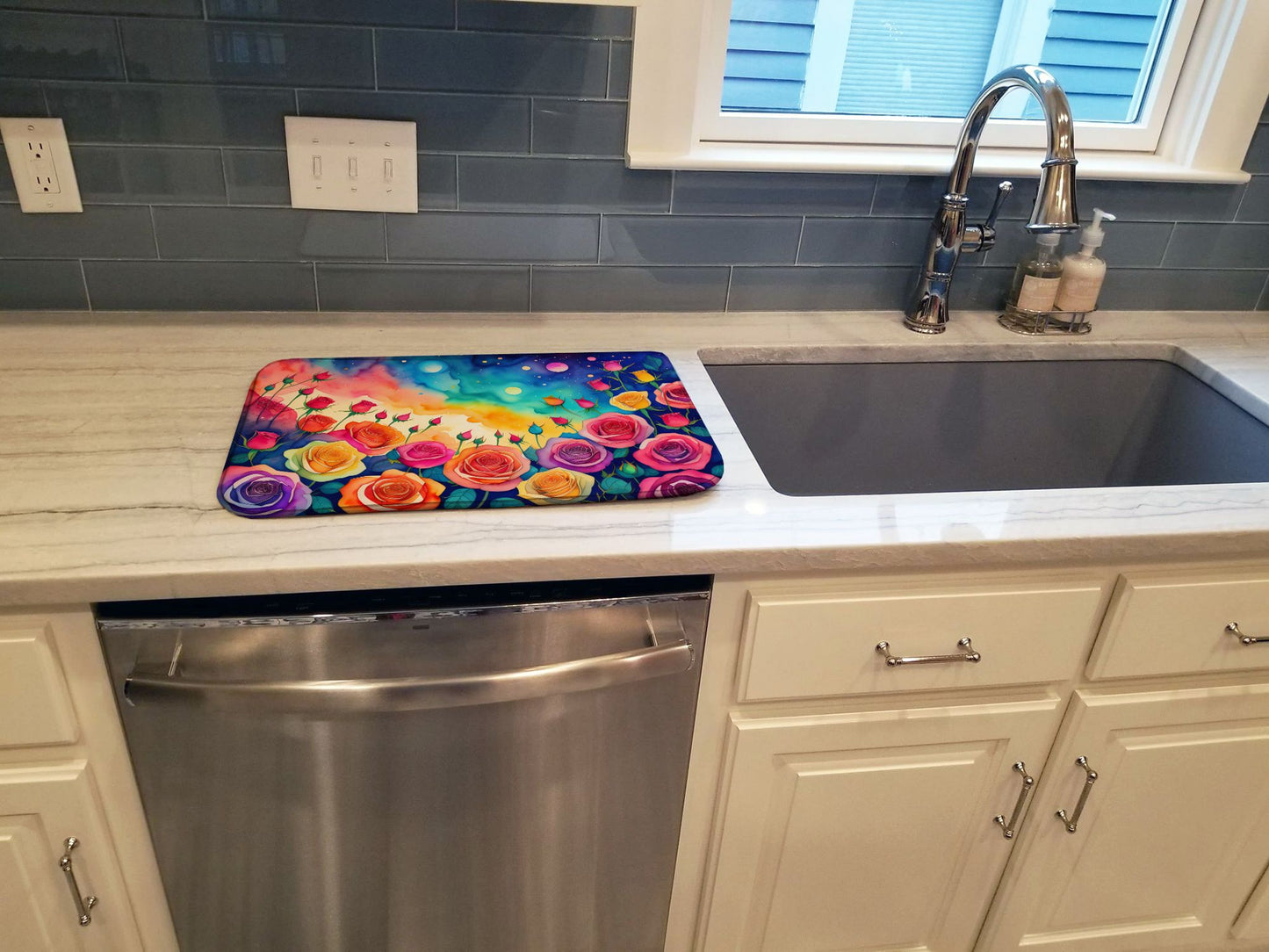 Roses in Color Dish Drying Mat Absorbent Dish Drying Mat Pad for Kitchen Counter Dish Drainer Mat for Countertop, 14 x 21", Multicolor