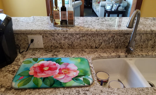 Alabama Camellia in Watercolor Dish Drying Mat Absorbent Dish Drying Mat Pad for Kitchen Counter Dish Drainer Mat for Countertop, 14 x 21", Multicolor