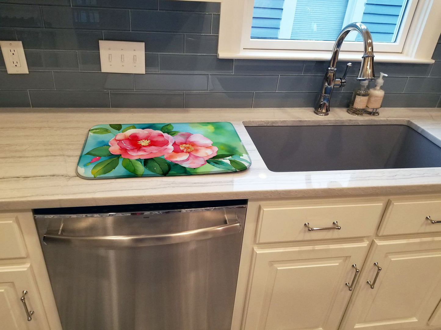 Alabama Camellia in Watercolor Dish Drying Mat Absorbent Dish Drying Mat Pad for Kitchen Counter Dish Drainer Mat for Countertop, 14 x 21", Multicolor