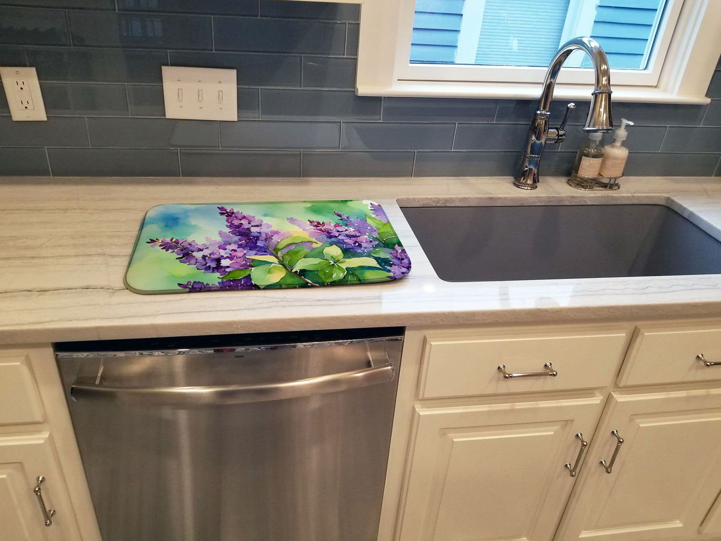 New Hampshire Purple Lilac in Watercolor Dish Drying Mat Absorbent Dish Drying Mat Pad for Kitchen Counter Dish Drainer Mat for Countertop, 14 x 21", Multicolor