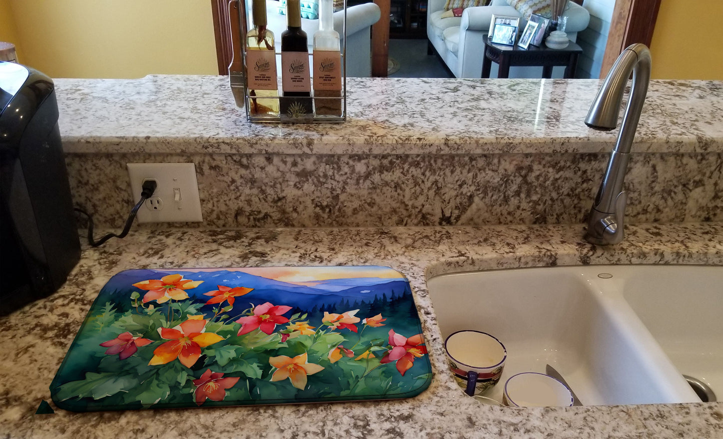 Colorado Rocky Mountain Columbine in Watercolor Dish Drying Mat Absorbent Dish Drying Mat Pad for Kitchen Counter Dish Drainer Mat for Countertop, 14 x 21", Multicolor