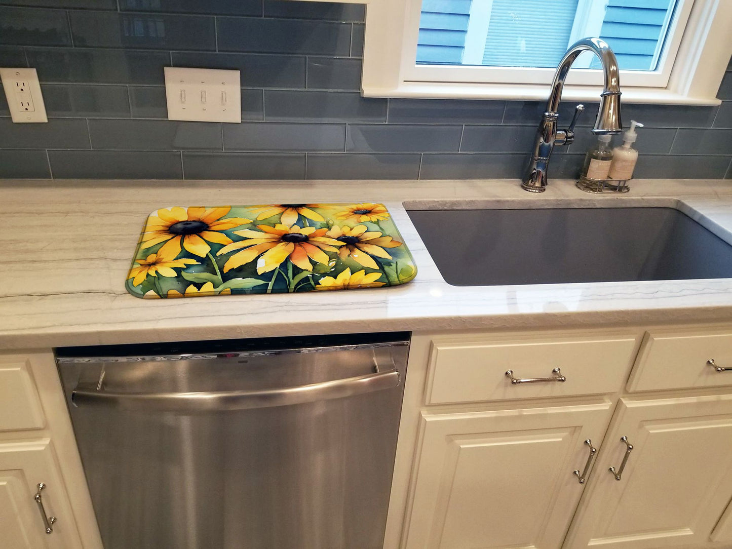 Maryland Black-Eyed Susans in Watercolor Dish Drying Mat Absorbent Dish Drying Mat Pad for Kitchen Counter Dish Drainer Mat for Countertop, 14 x 21", Multicolor