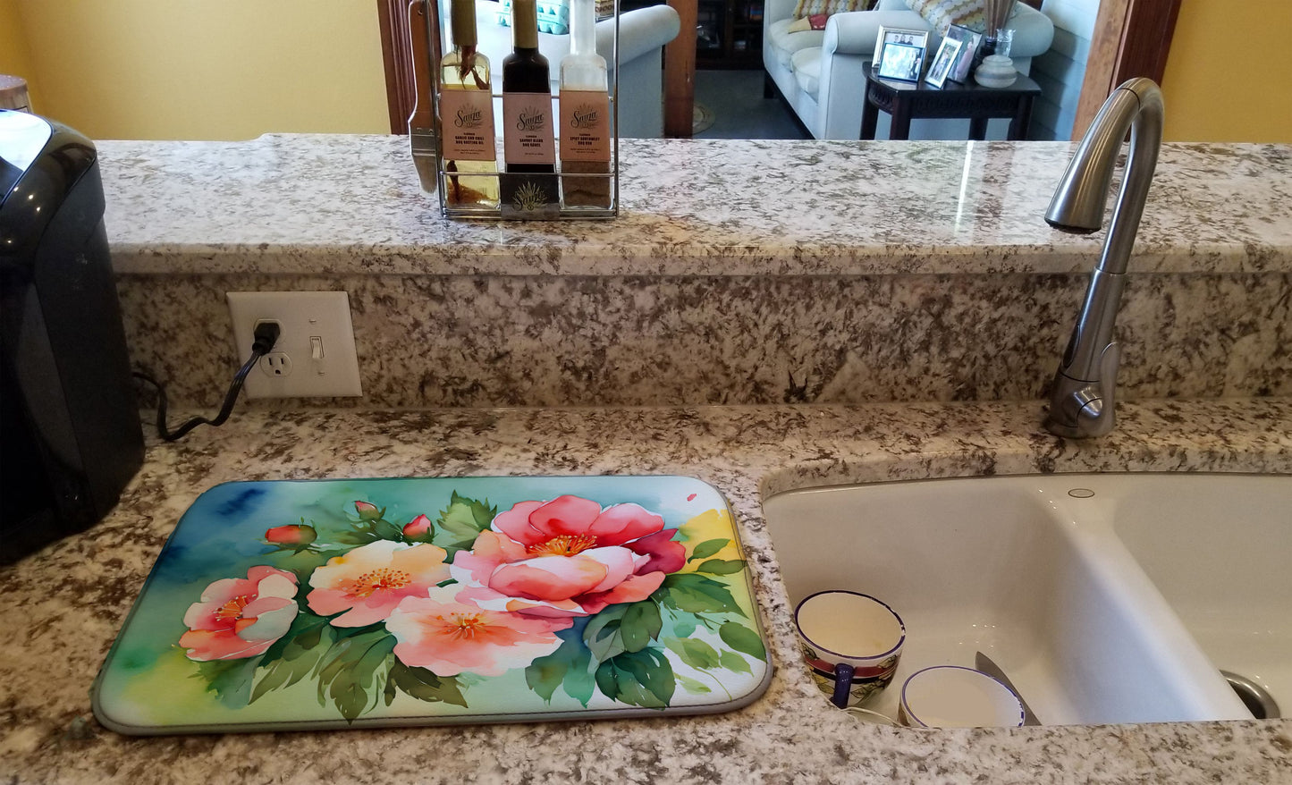 Georgia Cherokee Rose in Watercolor Dish Drying Mat Absorbent Dish Drying Mat Pad for Kitchen Counter Dish Drainer Mat for Countertop, 14 x 21", Multicolor