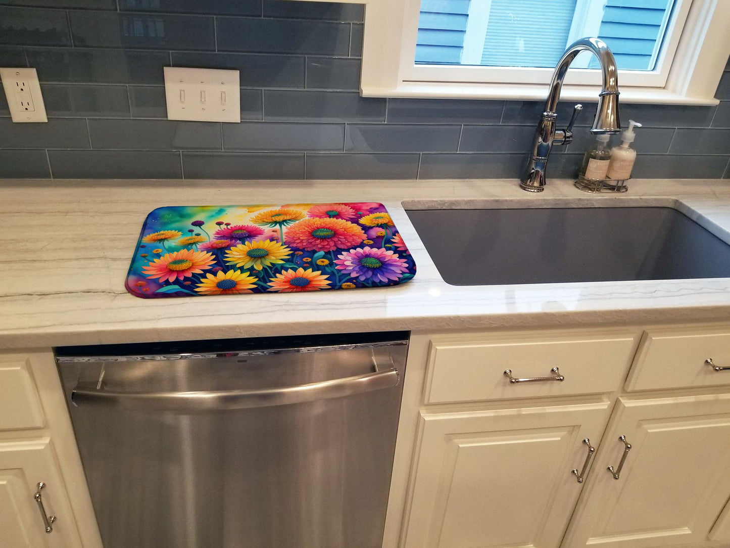 Chrysanthemums in Color Dish Drying Mat Absorbent Dish Drying Mat Pad for Kitchen Counter Dish Drainer Mat for Countertop, 14 x 21", Multicolor