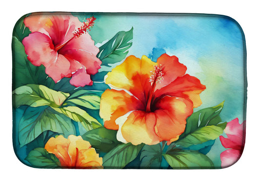 Hawaii Hawaiian Hibiscus in Watercolor Dish Drying Mat Absorbent Dish Drying Mat Pad for Kitchen Counter Dish Drainer Mat for Countertop, 14 x 21", Multicolor