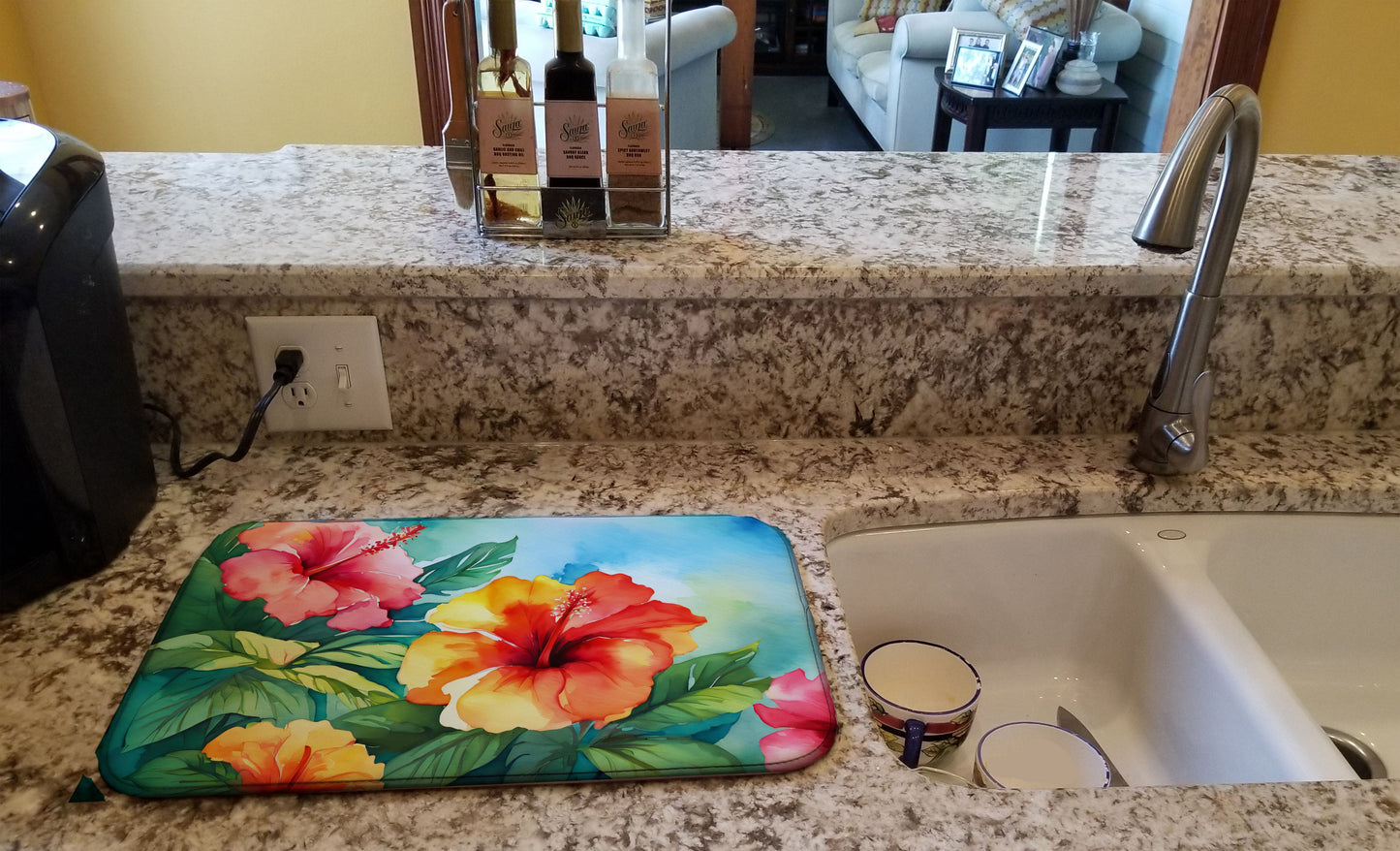 Hawaii Hawaiian Hibiscus in Watercolor Dish Drying Mat Absorbent Dish Drying Mat Pad for Kitchen Counter Dish Drainer Mat for Countertop, 14 x 21", Multicolor