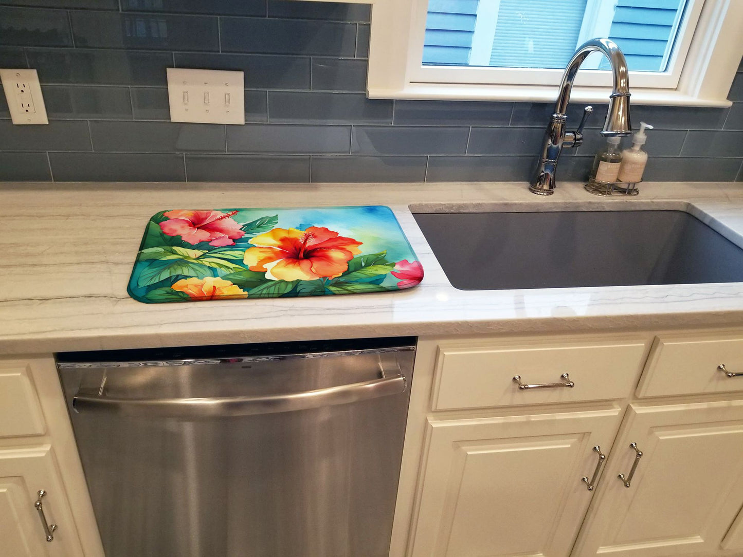 Hawaii Hawaiian Hibiscus in Watercolor Dish Drying Mat Absorbent Dish Drying Mat Pad for Kitchen Counter Dish Drainer Mat for Countertop, 14 x 21", Multicolor
