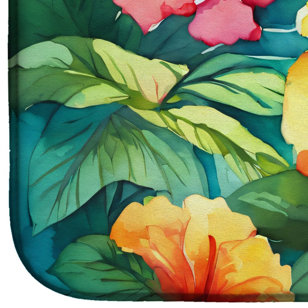 Hawaii Hawaiian Hibiscus in Watercolor Dish Drying Mat Absorbent Dish Drying Mat Pad for Kitchen Counter Dish Drainer Mat for Countertop, 14 x 21", Multicolor