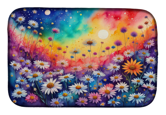 Asters in Color Dish Drying Mat Absorbent Dish Drying Mat Pad for Kitchen Counter Dish Drainer Mat for Countertop, 14 x 21", Multicolor