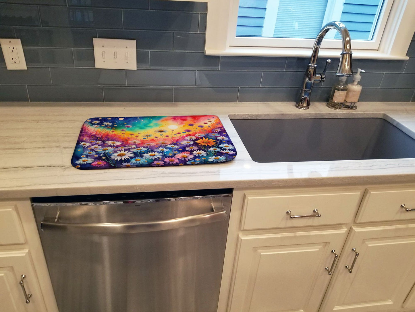 Asters in Color Dish Drying Mat Absorbent Dish Drying Mat Pad for Kitchen Counter Dish Drainer Mat for Countertop, 14 x 21", Multicolor