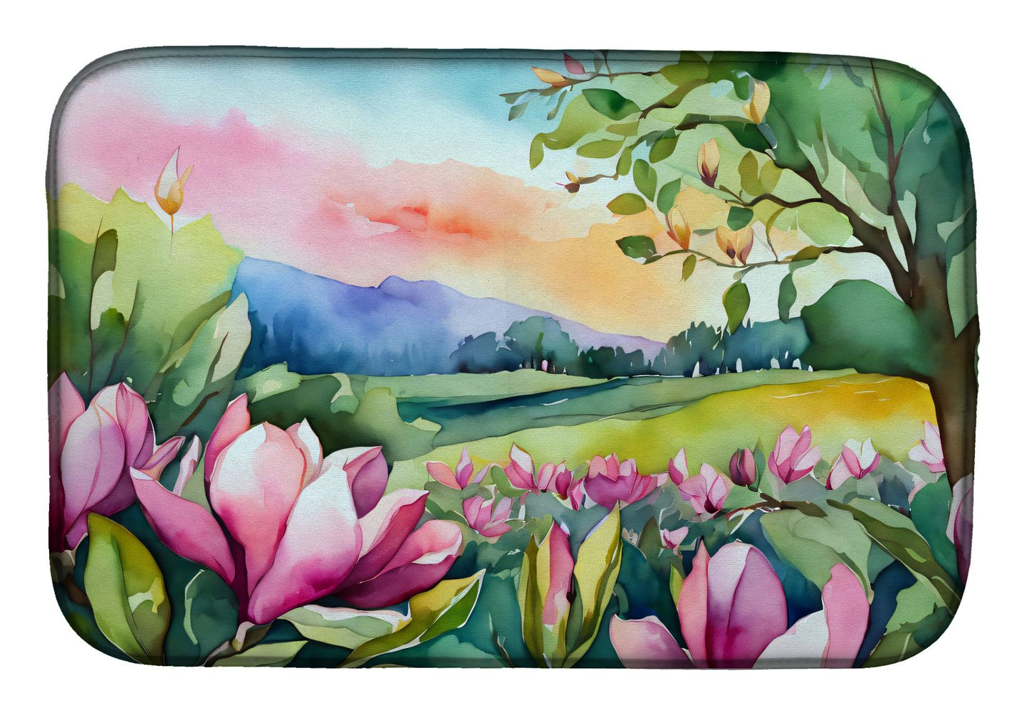 Louisiana Magnolias in Watercolor Dish Drying Mat Absorbent Dish Drying Mat Pad for Kitchen Counter Dish Drainer Mat for Countertop, 14 x 21", Multicolor