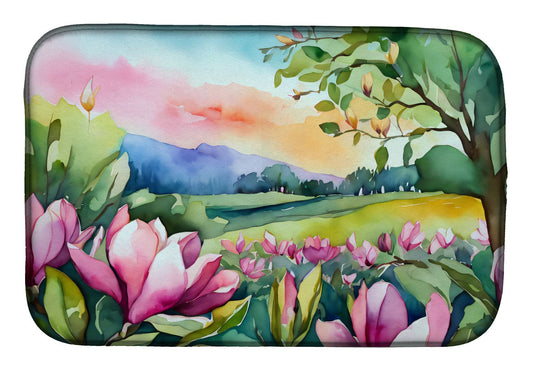 Louisiana Magnolias in Watercolor Dish Drying Mat Absorbent Dish Drying Mat Pad for Kitchen Counter Dish Drainer Mat for Countertop, 14 x 21", Multicolor