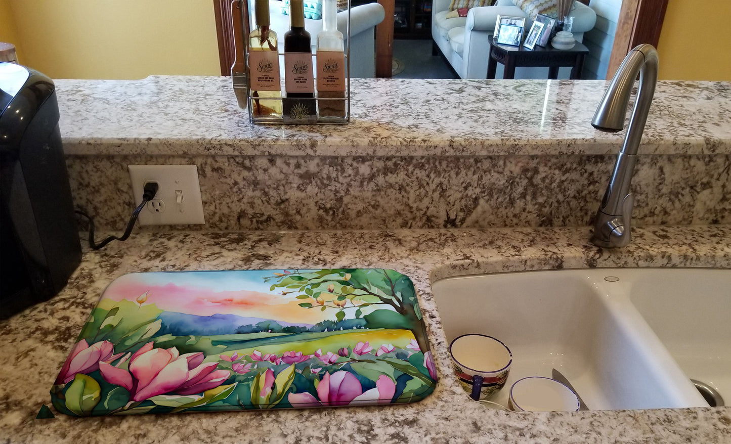 Louisiana Magnolias in Watercolor Dish Drying Mat Absorbent Dish Drying Mat Pad for Kitchen Counter Dish Drainer Mat for Countertop, 14 x 21", Multicolor