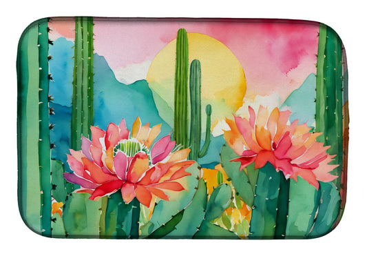 Arizona Saguaro Cactus Blossom in Watercolor Dish Drying Mat Absorbent Dish Drying Mat Pad for Kitchen Counter Dish Drainer Mat for Countertop, 14 x 21", Multicolor