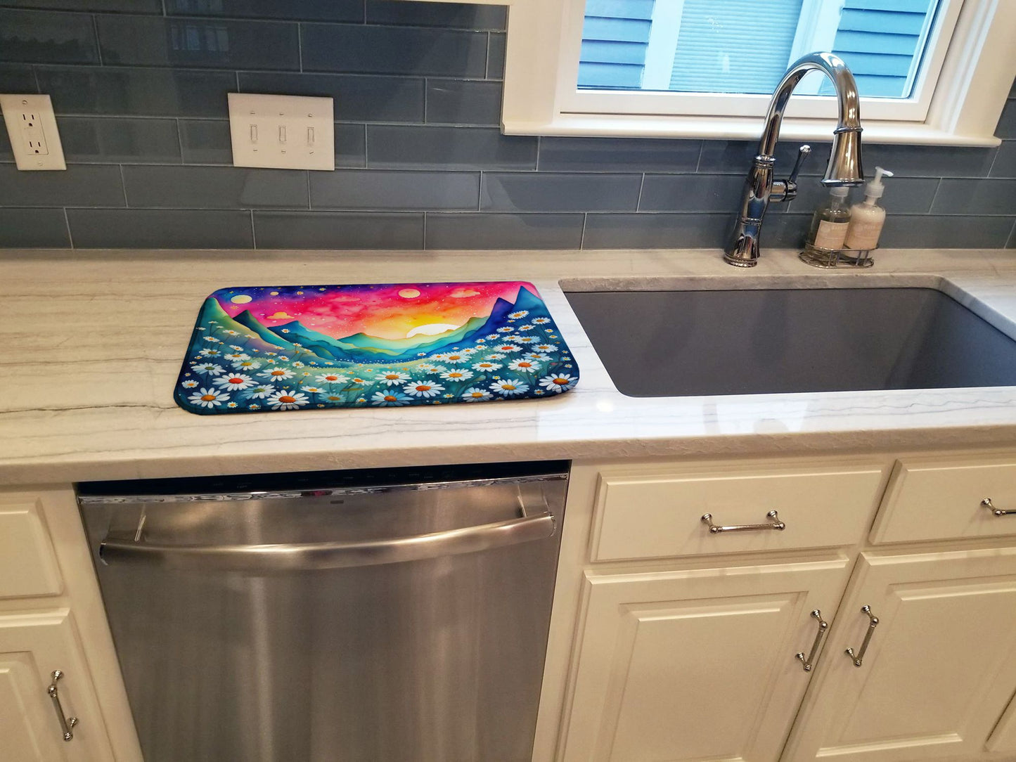 Daisies in Color Dish Drying Mat Absorbent Dish Drying Mat Pad for Kitchen Counter Dish Drainer Mat for Countertop, 14 x 21", Multicolor
