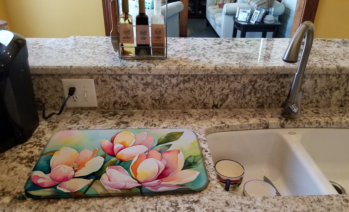 Mississippi Magnolia in Watercolor Dish Drying Mat Absorbent Dish Drying Mat Pad for Kitchen Counter Dish Drainer Mat for Countertop, 14 x 21", Multicolor