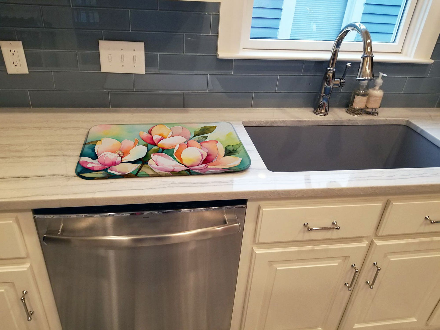 Mississippi Magnolia in Watercolor Dish Drying Mat Absorbent Dish Drying Mat Pad for Kitchen Counter Dish Drainer Mat for Countertop, 14 x 21", Multicolor