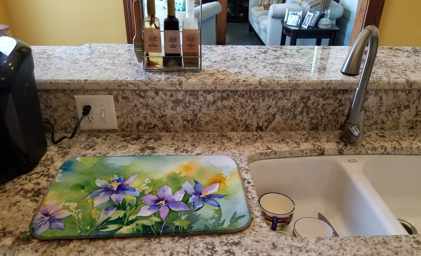Colorado Rocky Mountain Columbine in Watercolor Dish Drying Mat Absorbent Dish Drying Mat Pad for Kitchen Counter Dish Drainer Mat for Countertop, 14 x 21", Multicolor