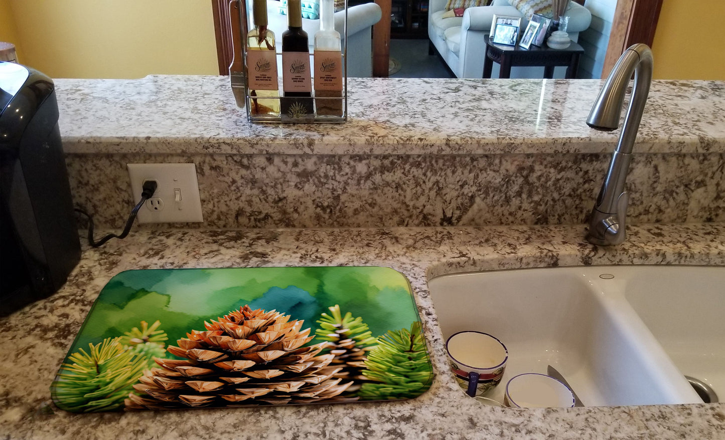Maine White Pine Cone and Tassels in Watercolor Dish Drying Mat Absorbent Dish Drying Mat Pad for Kitchen Counter Dish Drainer Mat for Countertop, 14 x 21", Multicolor