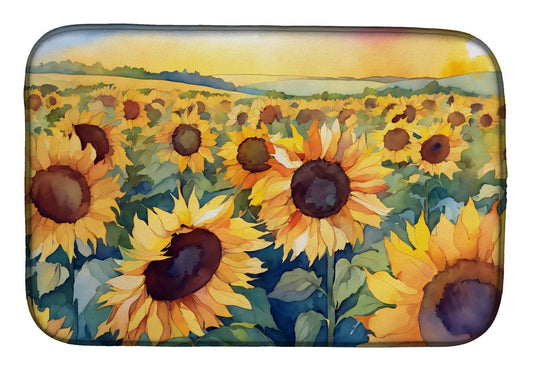Kansas Sunflowers in Watercolor Dish Drying Mat Absorbent Dish Drying Mat Pad for Kitchen Counter Dish Drainer Mat for Countertop, 14 x 21", Multicolor